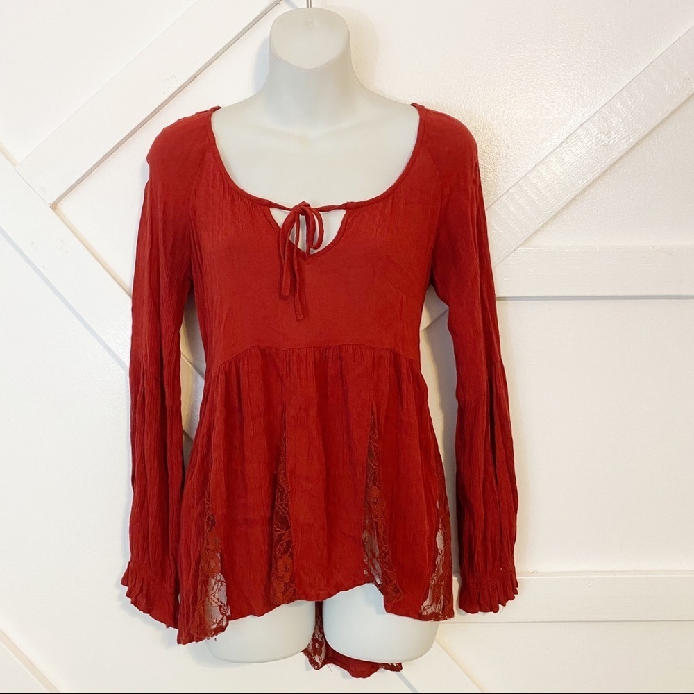 American Eagle Lace Panel Long Sleeve Tie Top Red